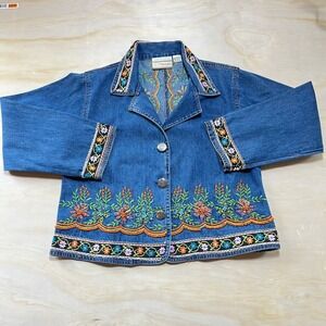 Carrie Allen Womens Embroidered Beaded Denim Jacket Blue Floral Boho Cotton L